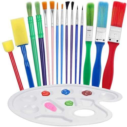 ZGTS 16Pcs Paint Brushes for Kids,Painting Brushes Set with Paint Palettes Round, Colorful Paint Brushe for Children Toddlers Beginners, Arts Paint Brushes for Oil, Watercolor, Face,Acrylic