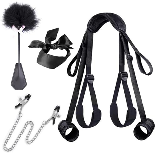 BDSM Handschellen Sex Bett Bondageset Fessel Set mit Handschellen Fußfesseln Verstellbar Oberschenkel Bandage Seile & Nippelklemmen Brustwarzen & SM Augenmaske,BDSMs Spielzeug Hart Fesseln Sex Set
