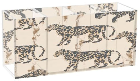 JUMBEAR Goldener Leoparden-Acryl-Stiftehalter, 4 Fächer, transparenter Stiftebehälter – Schreibtisch-Schreibwaren-Aufbewahrung, Make-up-Pinselhalter für den Schreibtisch, Acryl-Organizer, Stifthalter