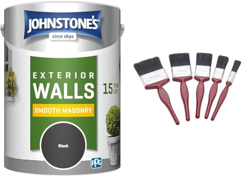 Johnstone's, Exterior Smooth Masonry Paint, Black, Up to 15 Years Protection, Weather & Fit For The Job 5 pc Mixed Sizes Paint Brush Set for a Smooth Finish with Emulsion, Gloss