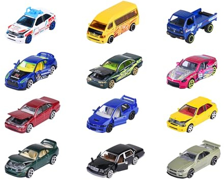 Majorette - Bonus-Auto-Set Japan Series(5 Autos, 3-fach sortiert) - 5 Spielzeug-Autos aus Metall, je 7.5 cm,Freilauf,für Sammler und Kinder ab 5 Jahre,inklusive Nissan Skyline GT-R (R34) und Sammelbox