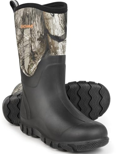 Showave Classic Men's Rubber Boots Waterproof Rain Boots Insulated Neoprene Boot Mud Boot for Farming Hunting Gardening Yard Chore Working, Size 10,Camo