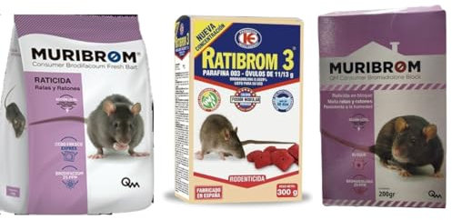Peyca Pack Raticidas: Muribrom Bloque Azul 200gr + Muribrom Bloque Rojo 200g + Ratibrom 3 ovulos 300g. Raticidas para Ratas y Ratones. Resistente a la Humedad.