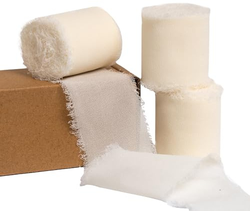 PIGETALE Creme Schleifenband 3 Rollen 4cm x 15m Weiß Geschenkband Chiffonband Fransenstoffband, Bänder-Set für Hochzeitseinladungen, Brautsträuße, Geschenke, Verpackungen, DIY-Kunsthandwerk