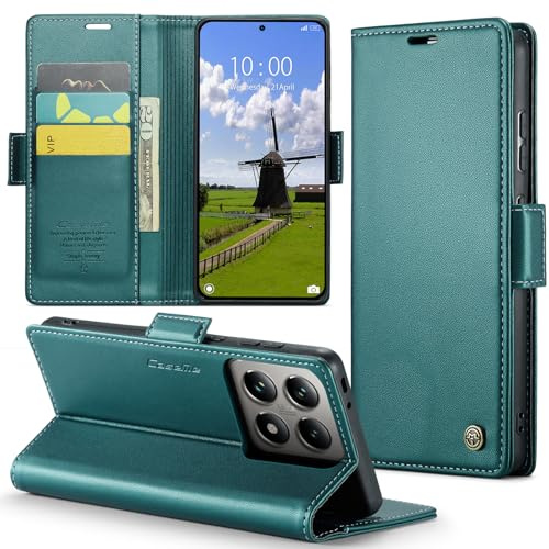 Phernykas Funda para Xiaomi 14T Libro Case, Cierre Magnético Función Soporte Bloqueo RFID Proteccion Flip Wallet Carcasa Móvil para Xiaomi 14T Funda, Verde | 3 titulares de tarjetas, funda de piel sintética de poliuretano termoplástico protector, soporte magnético, antihuellas