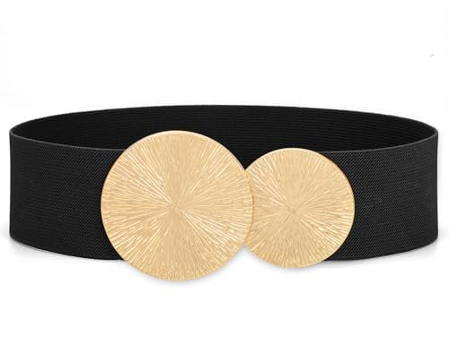 Waist Wow Damen Breiter Gürtel für Kleid Elastischer Taillengürtel Schwarz Mode Hüftgürtel für Damen mit Goldene Schnalle, Schwarz(goldene schnalle), L