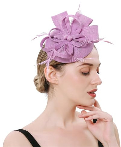 OWEIEYEU Fascinator für Damen, Cocktail, Hochzeit, Kopfschmuck, Kentucky-Kopfbedeckung, Federn, Sinamay Fascinator, Flieder, Einheitsgröße
