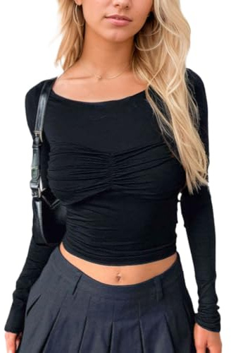 EMOTTOS Mujer Sexy Plisado Camisetas, Y2K Slim Fit Envoltura T-Shirt Cuello Redondo Camisa, Doble Forro Acanalado Manga Larga Camiseta Going out Clubbing Partido para Las Señoras, Negro, S