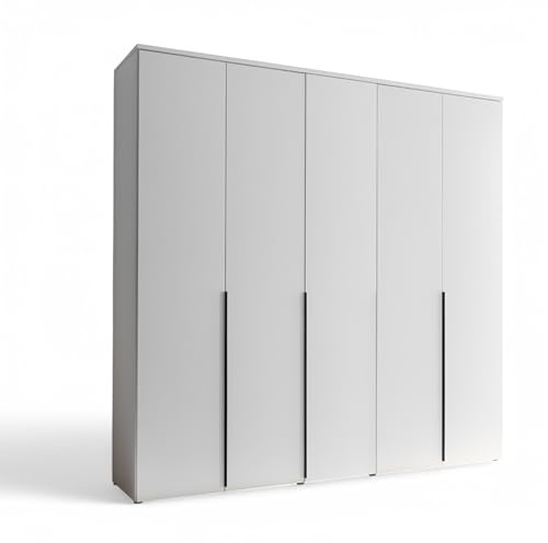 KEVO Kleiderschrank Schrank Weiß, 5-türiger Drehtürenschrank, Schlafzimmer | 225 x 225 x 52 cm (B/H/T), viel Stauraum, mit Kleiderstangen und Ablageböden, vertikale Griffe, weißes Dekor