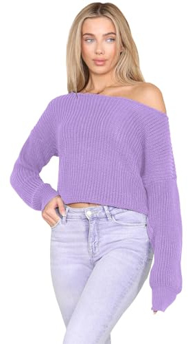 Hamishkane® Womens Cable Knitted Off Shoulder Jumper, Long Sleeve Slash Neck Pullover Sweater, Winter Cropped Oversized Ladies Jumpers Lilac