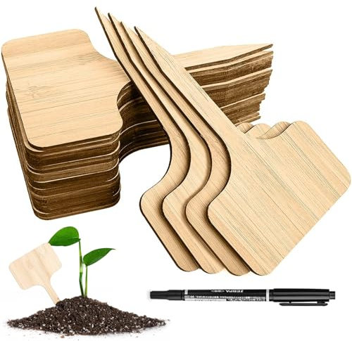 41PCS Bamboo Plant Labels, Plant Labels for Outdoor Plants, Wood T-Type Plant Tag, Bamboo Garden Tags for Garden Potted Seed Vegetables Herb and Flower Outdoor(40PCS Labels 1PCS Marker Pen)