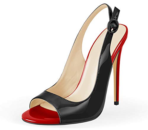 Meinabsatz Women's Stiletto High Heels Slingback Sandals with Buckle Patent, Black-red, 8 UK
