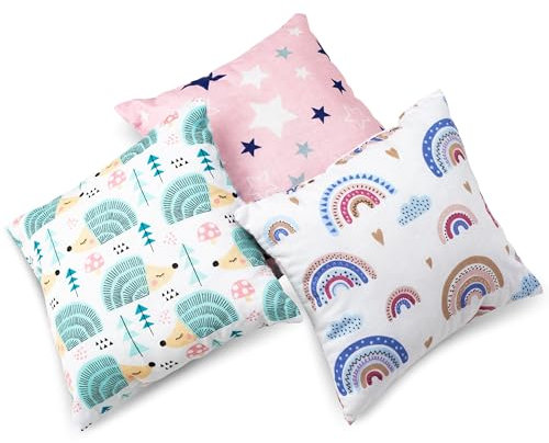 PinkZebra 3er Kissenset für Puppenwagen, Puppenbett, Lauflernwagen, Puppenkissen Gr. 20 x 19 cm, Öko-Tex, Kissen für Puppen bis 45 cm, Bezug aus 100% Baumwolle, Set 2