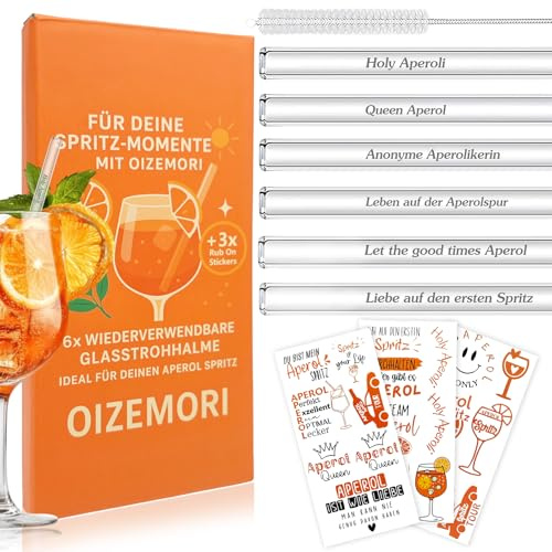 6 Stück 20cm Glasstrohhalme Aperol Spritz, Wiederverwendbar Glas Strohhalm | Aperol Spritz Geschenkset mit Reinigungsbürste und 3 Rub On Sticker, für Cocktails, Smoothie und Säfte