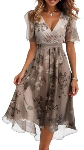 Midi Kleid Damen Sommer Blumen A Linie Sommerkleid Lang Elegant Musselin Wickelkleid V Ausschnitt Italienische Kleider Kurzarm Sommerkleider Leicht Und Luftig Blumenkleid Ibiza Strandkleid