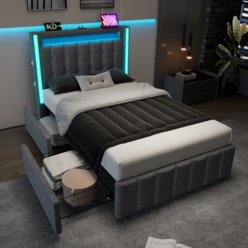 LAKFEW Einzelbett Polsterbett 90x200 mit LED-Leuchten und 2 Stauraum Schubladen, Bett mit Kopfteil und USB Typ-C, Kinderbett Jugendbett Bettgestell mit Lattenrost aus Holz, Ohne Matratze, Linen, Grau