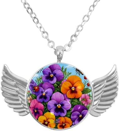Luoweisi Zinc Alloy Angel Wings Necklace with Pansies Spring Flower, Round Chain Gifts for Men Women