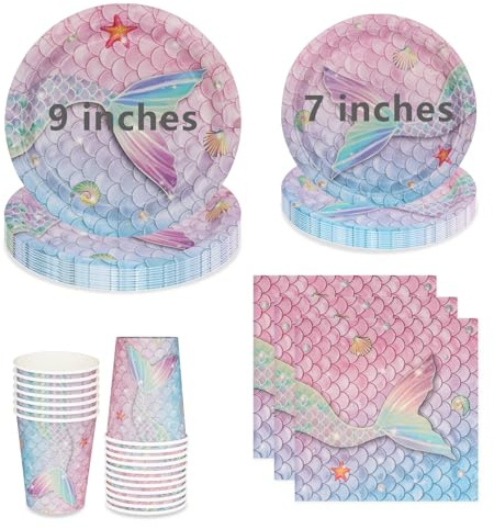 96Pcs Mermaid Party Plates Cups and Napkins, 9 and 7 Disposable Paper Cake Plates and Cups, Party Tableware Set for Baby Showers Birthday Table Decorations