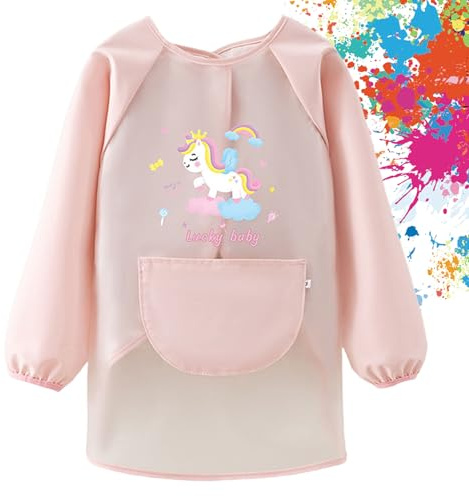 FYting Tablier Peinture Enfant, Tablier Enfant, Blouse Peinture, Matériel TPU sûr, Finition Fine, Poignets élastiques, élastique réglable, imperméable, ne salera pas les vêtements (Rose)