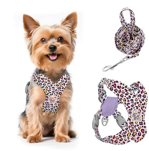 Pawaboo Hundegeschirr mit Hundeleine Set, X-Rahmen Verstellbares Anti Zug Anti-Erstickung Hund Brustgeschirr für Kleine, Mittelgroße Hunde & Welpen, Hundeweste mit Leine, XS, Rosa Leopard