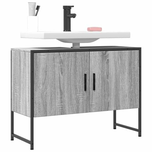Qnhdfrt Mobiletto da bagno Sonoma 80 x 33 x 60 cm, in legno e acciaio con vano portaoggetti sottile per lavandino