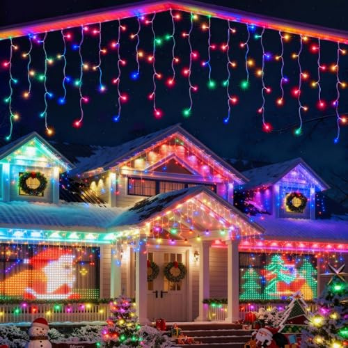 SOLARBABY Eisregen Lichterkette Außen Solar,14M 400LED Bunt Eisregen Weihnachtsbeleuchtung Außen mit Fernbedienung,19 Modi Solar Lichterkette,Wasserdicht Solarlichterkettefür Traufe Weihnachtsdeko