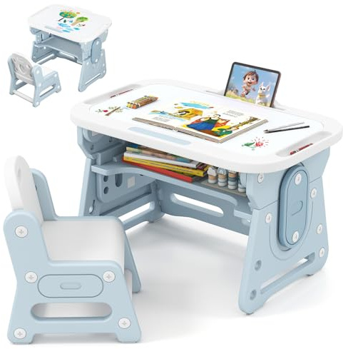 LIFEZEAL 4 en 1 Conjunto de Mesa y Silla Infantil, Mesa de Dibujo con Pizarra Blanca Magnética y Silla Ergonómica, Escritorio Infantil Ajustable e Inclinable con Patas Antideslizantes (Azul)