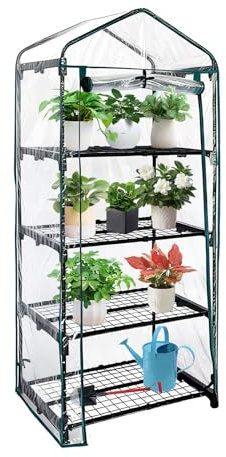 4 Tier mini Indoor Greenhouse Upgraded with Shelf Clips,27x19x62 Greenhouse for Indoors&greenhouses for Outdoors with PVC Cover and Roll-Up Zipper Door