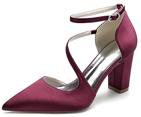 HFWXYSA Escarpins Femme Bloc Talons Bout Pointu Satin Chaussures de Mariage Bride Cheville Chaussures de mariée de fête,Fuchsia,39 EU