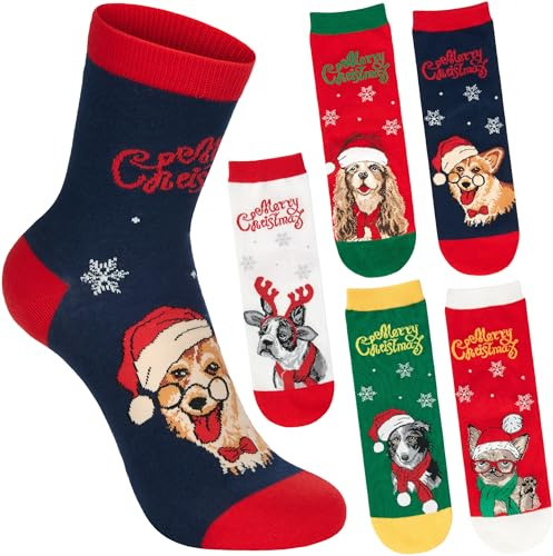 BRUBAKER 5 Pares de Calcetines Navideños - Perros Border Collie, Bulldog, Cocker Spaniel, Corgi y Chihuahua - Medias Suaves y Coloridos - Obsequio Ideal para Mujeres y Hombres - Talla 36-41