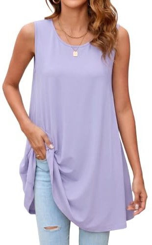 Enmain Lilac Long Vest Tops For Women UK Stretch Ladies Sleeveless Tunics Longline Swing Summer Tank Tops For Leggings Plain Casual Loose Blouse Light Purple XL