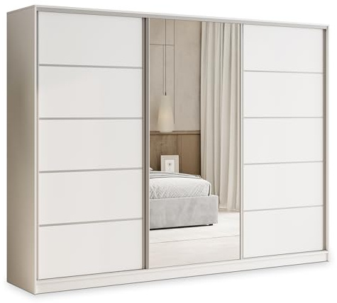 Masseno Schwebetürenschrank PINA 250/205/58 cm Kleiderschrank mit 4 Schubladen Schlafzimmer Schiebetürenschrank 3-türig mit Spiegel Weiß