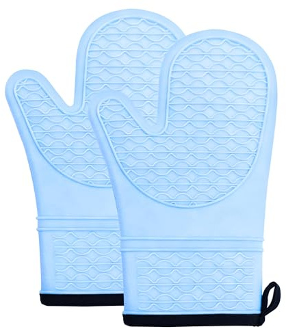 2PCS Heat Resistant Oven Gloves, Non-Slip Silicone Oven Mitts with Soft Lining for Baking, Cooking, BBQ, Kitchen (Blue)