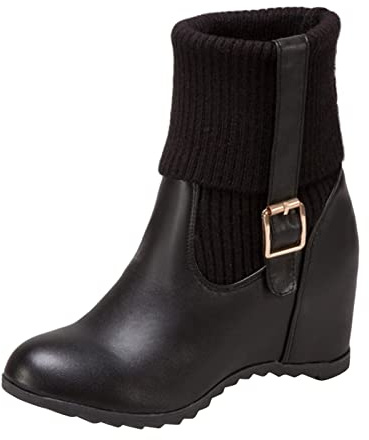Stivali Inverno Donna Con Zeppa Interna Stivaletti Con Pieghevole Maglia Elastico Stivaletto Caldo In Pelle Eleganti Stivale Da Neve Scarpe A Fibbie Moda Comodi Boots Tinta Unita Per Escursionismo