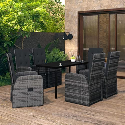 Holamys 7-TLG. Garten-Essgruppe Grau, Verstellbare Rattan Sessel, Glastisch, Dunkelgraue Kissen, für Terrasse & Balkon, Outdoor Möbel Set
