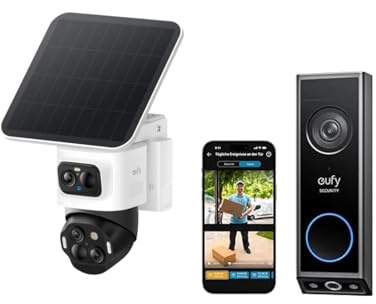 eufy Security eufyCam S4 mit Video türklingel E340, kabellose Solar‑Outdoor‑Überwachungskamera, 3‑Linsen Bullet‑PTZ‑Kamera, 4K UHD, 360° Multi‑Kamera‑Auto‑Tracking, 8× Hybridzoom