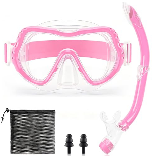 IEEILULU Maschera Subacquea Bambini 5-14 Anni, Comprende Occhialini, Boccaglio, Tappi Impermeabili e Retina – Antiappannamento & Visione Panoramica 180° HD (Rosa)