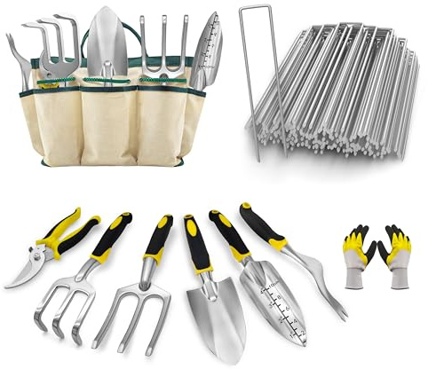 Ensemble de Jardinage 8 Pièces avec Agrafes de Jardin (100) - Kit d'Outils à Main Ergonomiques et Piquets en U pour Fixation de Gazon Synthétique, Toile de Paillage et Clôture