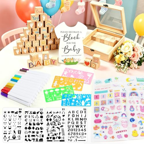 Eudomis 90 Stück Babyparty Spiele Set,Lustige Bauklötze Bemalen Babyparty,mit 52 Holzwürfel zum Bemalen,12 Schablonen, 24 Acrylstifte+ Holzschild&Holzbox für Junge&Mädchen, Baby Shower Deko