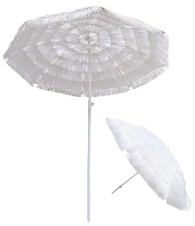 Sombrilla de Paja Hawaiana, Sombrilla Terraza Exterior Inclinable, 200cm, 8 Varillas, para Jardín, Piscina y Patio Trasero(White)