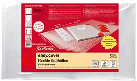 Herlitz 50014750 Buchumschlag für Schulbücher easy cover, Buchhülle transparent, für alle gängigen Buchformate, 5 Stück (5 Stück, Polybeutel)
