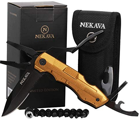 Outil multi-fonction 5 en 1 NEKAVA avec couteau pliant en acier inoxydable et poignée en or. Idéal comme couteau de survie pour l’extérieur, la maison. Inclus une carte multifonction GRATUITE