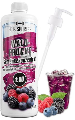 C.P. Sports Getränkesirup WALDFRUCHT für Mineraldrink I VITAMINE + ZUCKERFREI* I Getränkekonzentrat Sirup 1:80 zum Mixen mit Wasser für Vital-Drink Sport-Getränk I 1 Liter + Pumpspender