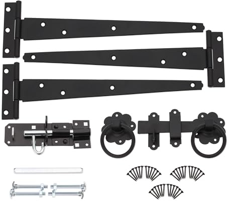 Infinity Decor Tee Hinge (3) 10 250mm Ring Latch and Brenton Bolt Fitting Kit in Epoxy Black Finish Wooden Garden Gate Ironmongery Set