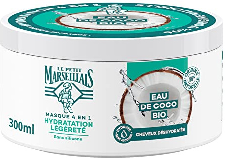Le Petit Marseillais, Masque 4 en 1 Hydratation Légèreté Eau de Coco Bio (pot de 300 ml) – Masque pour cheveux déshydratés sans silicone – Masque capillaire 96 % d'ingrédients d'origine naturelle