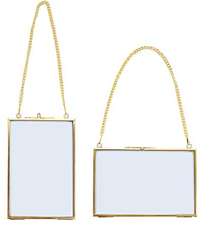 SUMTree Set of 2 Golden Glass Hanging Photo Picture Display Frame, 4*6 inch | Golden Photo Frame Floating Glass Picture Frame with Chain for Family Tree Mini Photo Pressed Flower, Wall Art Works, Collage
