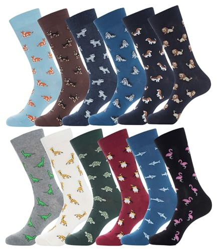 YEJIMONG Men's Cotton Fun Animal Pattern Crew Dress Socks, 12 Pairs