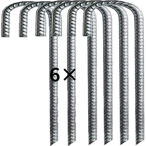 HBSTK 6 * 30cm Heavy Duty Galvanised Steel Ground Rebar Stakes J Hooks Anchors Anchorage Stakes Tent Pegs for Castles,Tents,Trampolines,Bouncy,Camping,Football Nets