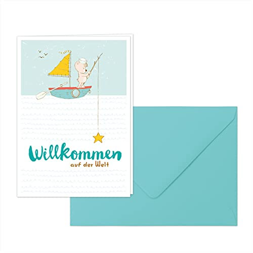 Glückwunschkarte zur Geburt: „Willkommen auf der Welt“ - Bezaubernde Klappkarte im Premium-Format mit Umschlag in Aquamarin