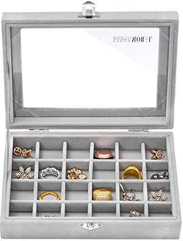 Sasha Morel 24 Slot Jewellery Box | Velvet Jewellery Organiser With Clear Glass Window & Lock | Earring Storage Organiser Display Case | Earring Holder Jewellery Boxes for Women Christmas Gifts